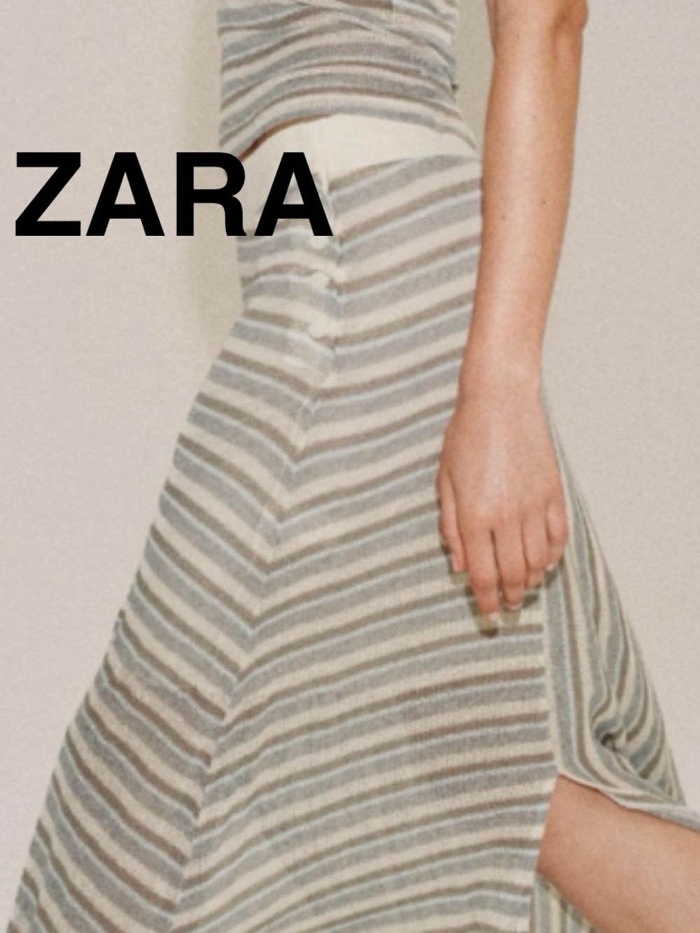 ZARA Cream/Light Blue Striped Asymmetric Skirt with Side Slit - Size L - NEW
